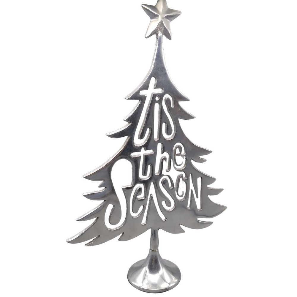Vintage Silver Tone Holiday Tree with Cutout Tis the Season, Chic Christmas